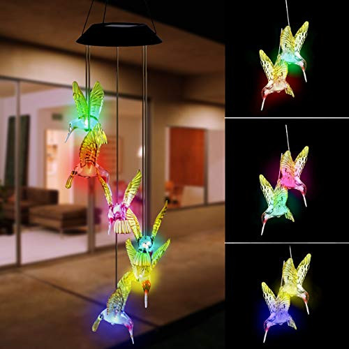MorTime LED Solar Hummingbird Wind Chime, 25" Mobile Hanging Wind Chime for Home Garden Decoration, Automatic Light Changing Color -Yellow-