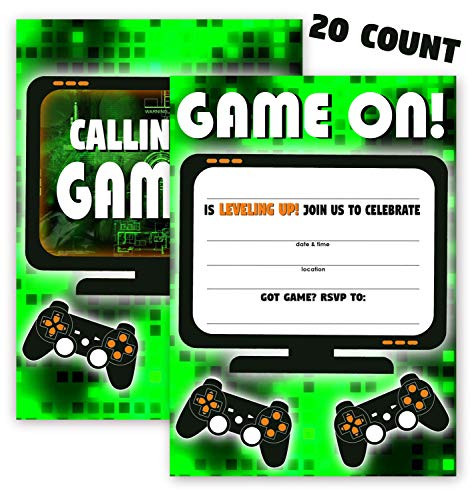 POP parties Gaming Green Party Invitations - 20 Invitations  plus 20 Envelopes - Double Sided - Video Game Invitations - Game Truck Party Supplies - Green 20ct