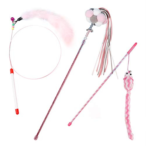 kekafu 3 Pcs Cat Teaser Wands Cat Wands Interactive Toys Cat Stick with Balls, Feather and Tassel for Cat Kitten Having Fun Exerciser Playing