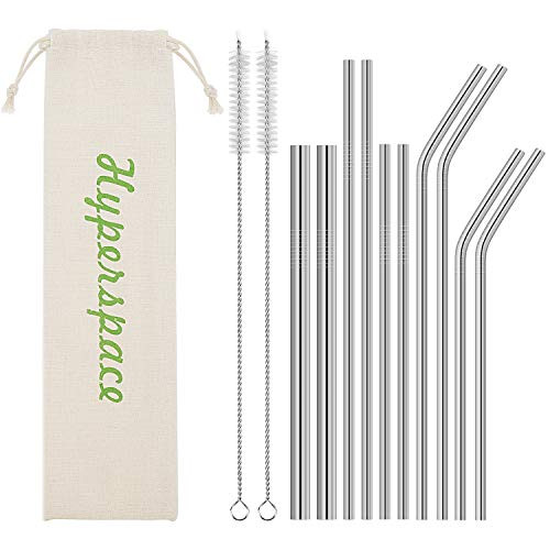 Stainless Steel Straw, Food Grade Reusable Metal Drinking Straw Set with 2 Cleaning Brushes and Carry Pouch for Smoothie, Milkshake, Cocktail and Hot Drinks