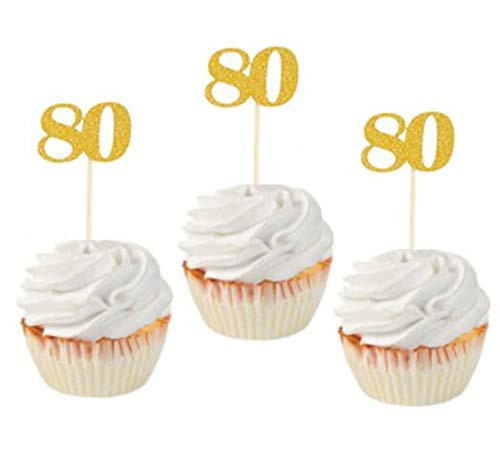 Glitter Gold/Rose Gold 80th Birthday Party Cupcake Toppers. 24 Pack Number"80" Cupcake Toppers (Gold)
