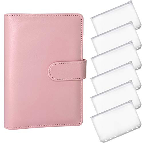 A6 Notebook Binder with 6 Binder Pockets - PU Leather Refillable 6 Ring Binder for A6 Binder Paper Loose Leaf Personal Organizer Binder Cover with Magnetic Buckle Closure-Pink-