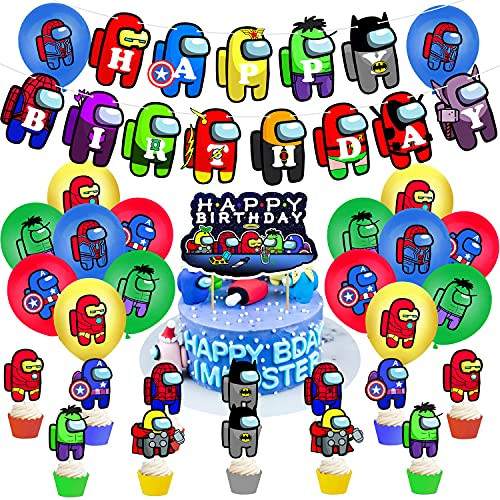 Superhero Theme and Among-Us Party Supplies, Video Game Party Decor Incluing Happy Birthday Banner, 16pcs Balloons, Cake Topper, Cupcake Topper for Among Game Us Fans Party Favors Blue Superhero Theme and Among-Us Party Supplies, Video Game Party Decor Incluing Happy Birthday Banner, 16pcs Balloons, Cake Topper, Cupcake Topper for Among Game Us Fans Party Favors Blue