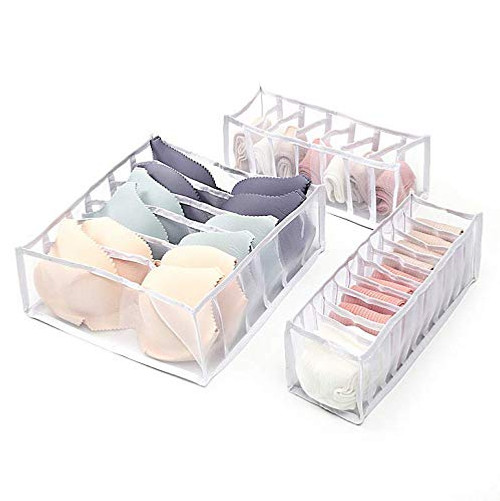 3 Set Underwear Drawer Organizer Divider, Foldable Closet Underwear Organizer, Underwear Storage Box Compartment for Bra, Socks, Ties -White-