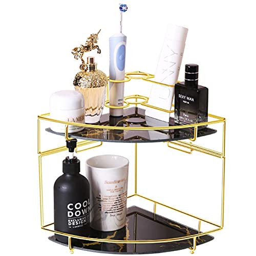 Z PLINRISE Makeup Organizer, 2-tier Bathroom Corner Cosmetic Shelf for Dresser and Countertop, Stackable Wire Vanity Storage Basket with Removable Glass Tray, Gold