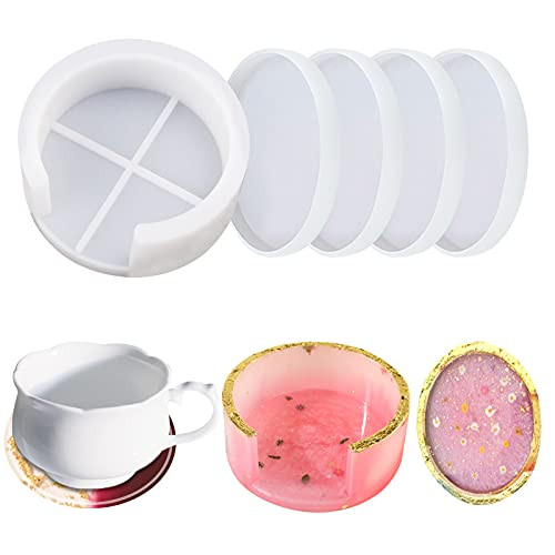 Coaster Molds for Resin Casting, 4 Pcs Silicone Coaster Resin Molds with Coaster Storage Box Mold Round Resin Coaster Mold for DIY Epoxy Resin Coaster, Cups Mats, Candle Holder Mold, Home Decoration