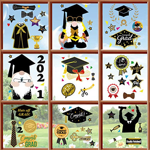 Fnuiddt 93PCS Graduation Window Clings Double-Sided Static Graduation Decorations Window Stickers 2021 - 9 Sheets Removable Graduation Gnome Window Decal for Party Decor