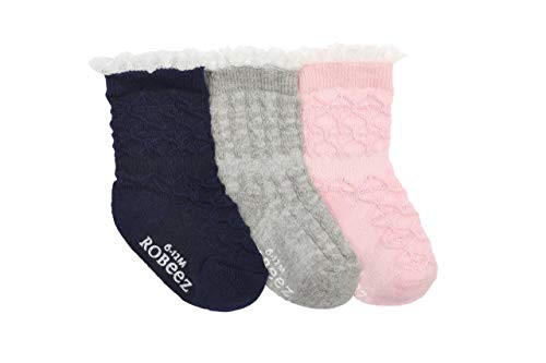 Robeez Baby Girls' 3 Pack Socks, Pretty Cables - Navy/Grey/Light Pink, 12-24 months