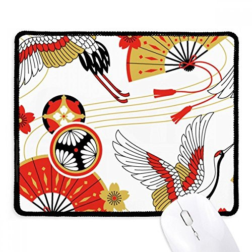 Crane Folding Fan Sakura Pattern Mousepad Stitched Edge Mat Rubber Gaming Pad
