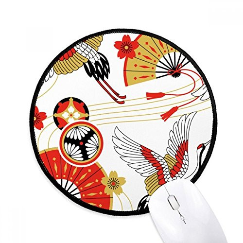 Crane Folding Fan Sakura Pattern Mouse Pad Desktop Office Round Mat for Computer