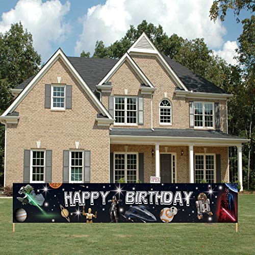 9.84*1.64 Feet Star Wars Birthday Banner, Happy Birthday Star Wars Sign, Space Star Wars Themed Birthday Decorations for Boys