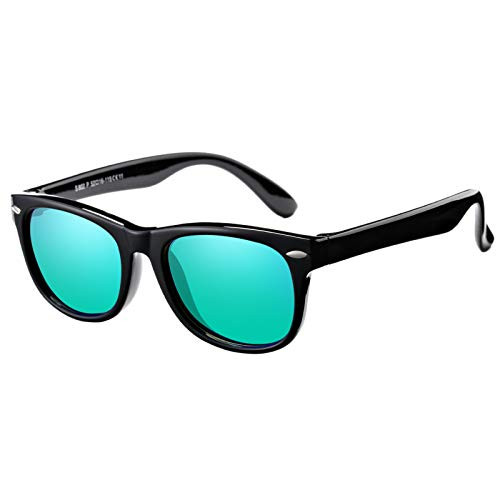 DeBuff Kids Polarized Sunglasses TPEE Rubber Flexible Frame for Boys Girls Age 3-10 -Black/Green Mirrored-