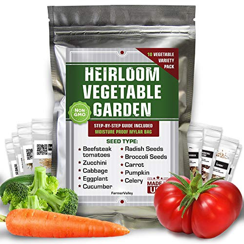 10 Vegetable Seeds Pack - 100 percent Non GMO Heirloom Garden Seeds for Planting Vegetables - Tomatoes, Cucumber, Carrot, Broccoli, Radish Seeds and More