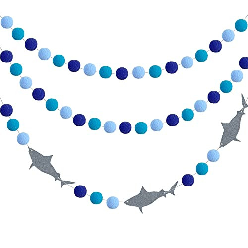 3 Pieces Shark Pompom Ball Garlands Ocean Theme Banner Shark Garlands Decoration Blue Felt Ball Shark Hanging Garlands for Birthday Wedding Ocean Beach Sea Themed Party Decoration Supplies