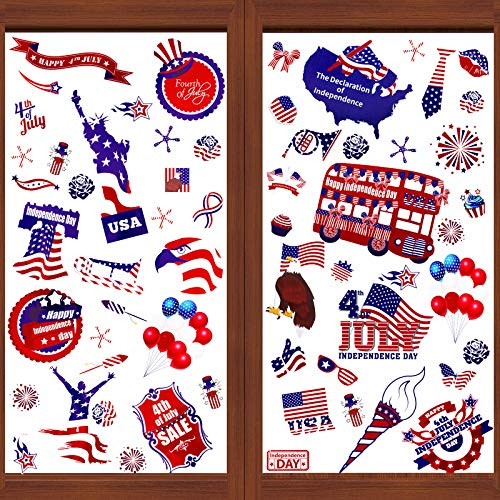 8 Sheets 4th of July Window Cling Decorations Patriotic Independence Day Static Window Decals Red White Blue Window Stickers for Home School Office Independent Day Party Supplies