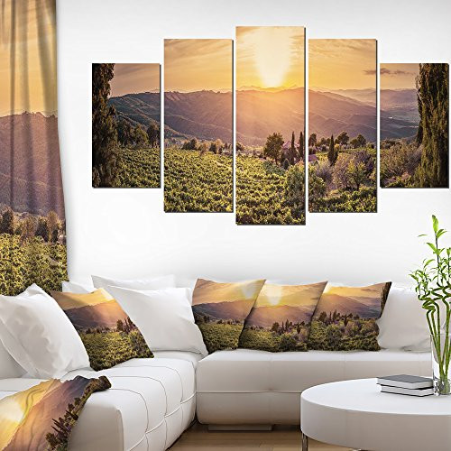 Designart PT11511-373 Vine Farm at Sunset Tuscany Panorama-Landscape Art Canvas Print-60x32 5 Piece, 60x32-5 Panels Diamond Shape