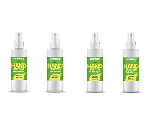 Cleanology Hand Sanitizer Spray 4-Pack, Scented, 70 percent Ethyl Alcohol, 3.4 FL OZ Travel Bottle, Non-Drying  and  Gentle for Frequent Use, Smooth Texture, Stays On Hands - Fights Germs  and  Bacteria