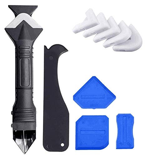 3 in 1 Silicone Caulking Tools?stainless steelhead?, Sealant Finishing Tool Grout Scraper, Reuse and Replace 5 Silicone Pads, Great Tools for Kitchen Bathroom Window