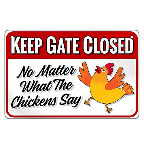 JBF Chicken Warning Sign Beware Tin Sign - Danger Keep Gate Closed-No Matter What The Chickens Say - Funny Gag Gifts for Chicken Fan Lovers, Farm Henhouse Outdoor Fence House Door Wall Decor 8x12INCH