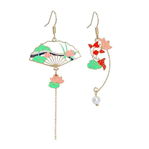 Asymmetric Fan Earrings, Sector Drop Earrings, Small Fan Dangle Earrings Cute Retro Ethnic Pretty Stud Earrings - Green