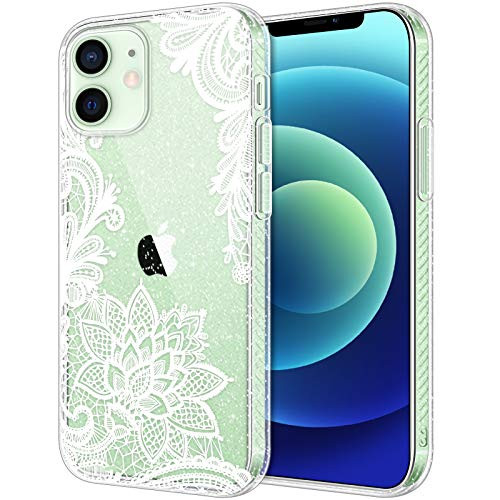 Hython Compatible with iPhone 12 and 12 Pro Case, Clear Glitter Case with White Floral Design, Anti-Scratch Shockproof Protective Hard Bumper Cover for iPhone 12/12 Pro 6.1-Inch 2020 for Women, Girls