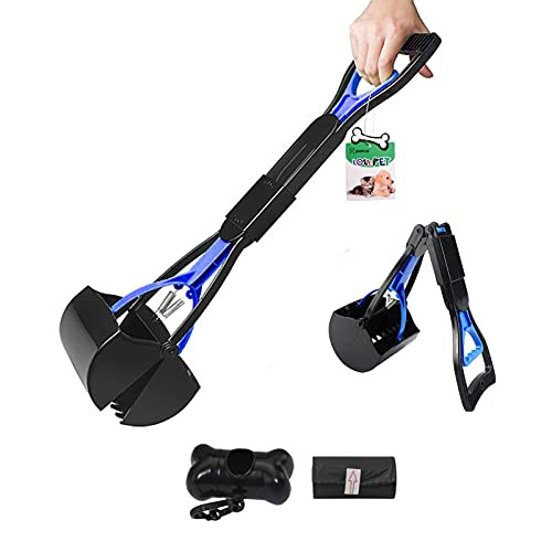 pasway Pet Pooper Scooper for Dogs and Cats, 24" Long Handle Large Poop Scooper with Waste Bags and Dispenser for Grass and Gravel Pick Up -Blue-