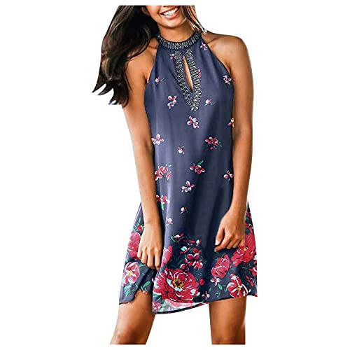 fine_fine Mini Dress for Women Summer Beach Boho Floral Print Halter Sleeveless Splice Sexy O Neck Dress