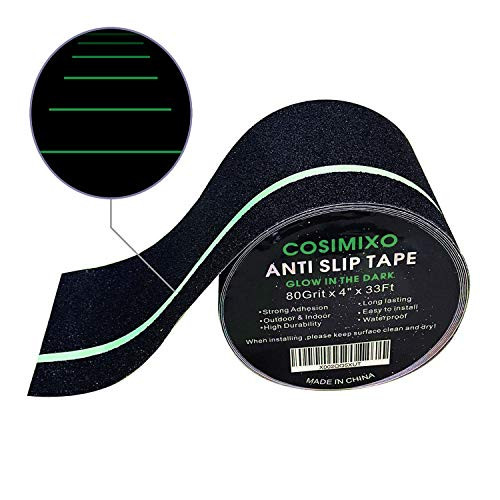 4" x 33Ft Grip Tape Anti Slip Traction Tape with Glow in Dark Green Stripe,Friction, Abrasive Adhesive Non Slip for Stairs, Tread Step, Indoor and Outdoor, Black Cosimixo
