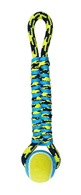 MPP Paracord Dog Toys Tough Rope Tug  and  Tennis Ball Fetch Chew Blue or Yellow 14.5" -Yellow-