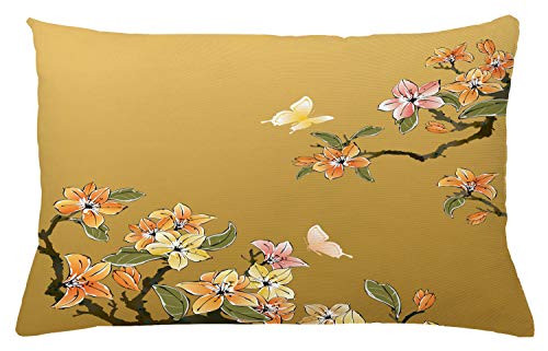 Lunarable Ethnic Throw Pillow Cushion Cover, Chinese Ink Butterfly Plum Motif Heritage Oriental Eastern Ill?stration, Decorative Rectangle Accent Pillow Case, 26" X 16", Pastel Yellow