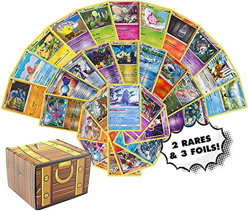 Pokemon Cards 50 Card Assorted Lot - Commons/Uncommons - Rares - Foils Repack Includes Golden Groundhog Treasure Chest Storage Box