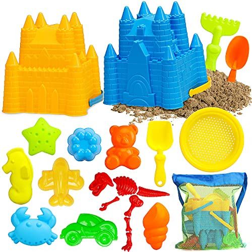 TOY Life Sand Toys for Kids - Beach Toys Includes 2 Beach Sand Castle Bucket Toy Shovel Rake Sifter Sand Castle  and  Mold , Sand Castle Toys for Beach - Sandbox Toys Set with Mesh Carrying Net
