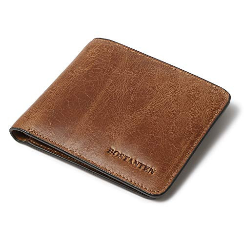 BOSTANTEN Genuine Leather Wallets for Men Bifold RFID Blocking Wallet with 2 ID Windows Brown
