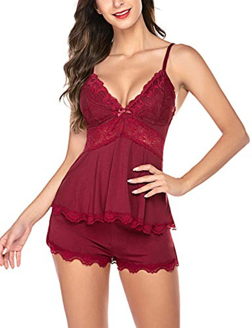 wearella Sleepwear Modal Cami Set Sexy Nighties Modal Lingerie Short Pajamas Sets Wine Red M wearella Sleepwear Modal Cami Set Sexy Nighties Modal Lingerie Short Pajamas Sets Wine Red M