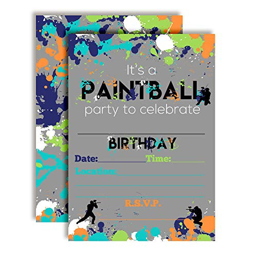 Paintball Themed Birthday Party Invitations, 20 5"x7" Fill in Cards with Twenty White Envelopes by AmandaCreation