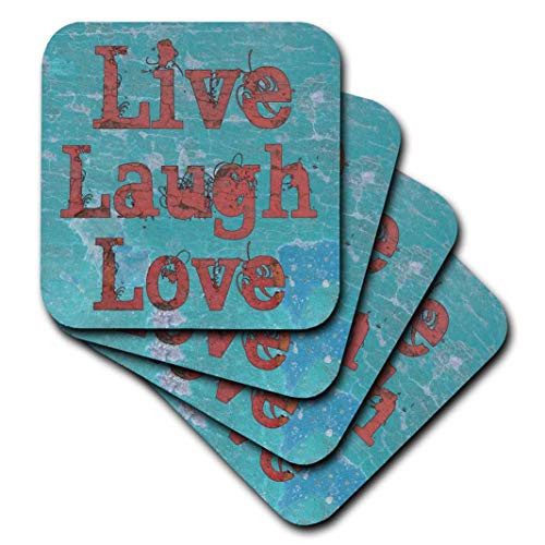 3dRose CST_27988_1 Turquoise & Red Live Laugh Love Soft Coasters, (Set of 4)