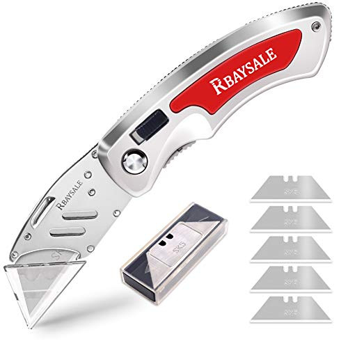 RBAYSALE Heavy Duty Folding Utility Knife, Retractable Pocket Cutter Box Plywood Utility Knife with 5 Replaceable Blades 160g