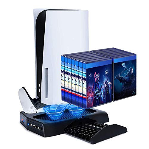 Vertical Stand with Cooling Fan for PS5 Console and Digital Edition, 4 in 1 Charging Station Dock with Dual Controller Charger Ports, Retractable 14 Game Storage Organizer and 3 USB Ports Vertical Stand with Cooling Fan for PS5 Console and Digital Edition, 4 in 1 Charging Station Dock with Dual Controller Charger Ports, Retractable 14 Game Storage Organizer and 3 USB Ports