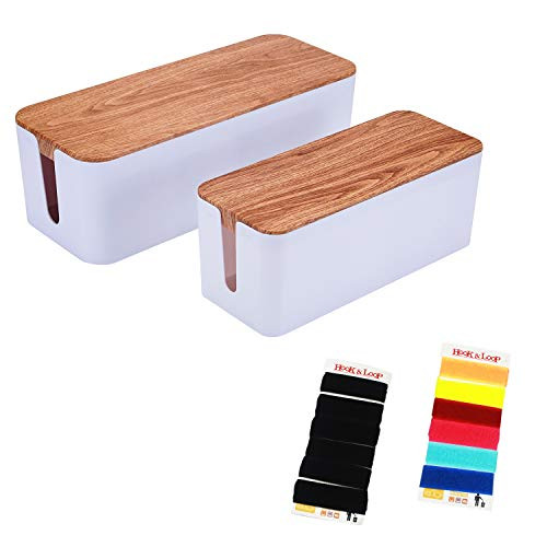 Set of 2 Cable Management Box Hide Wires and Surge Protector, Wooden Style Wire Organizer for Home and Office, Cable Box- Cable Organizer Box - Cord Box - Cable Hider Box - Power Strip Box