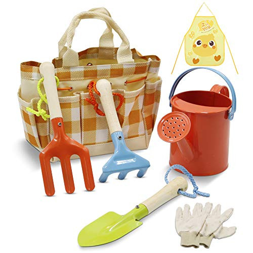 Kids Gardening Tool Set Toy-7 PCS Colorful Children Garden Tools Kit Include Metal Watering Can Shovel Rake Trowel ? Apron Gardening Gloves Tote Bag-Outdoor Garden Gift ?Play For Toddler Boys ? Girls