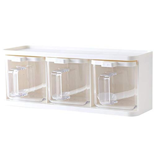 Clear Spices Boxes, 3 Grids Seasoning Boxes, Transparent Spice Herb Storage Container Condiment Jars with Spoons for Spice Salt Sugar Cruet Kitchen