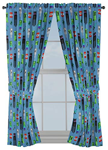 Minecraft Monster Hunters 63" Inch Drapes - Beautiful Room Decor  and  Easy Set Up, Bedding - Curtains Include 2 Tiebacks, 4 Piece Set -Official Minecraft Product-