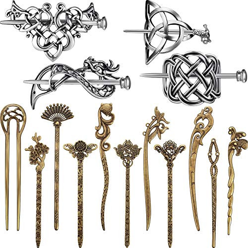 4 Pieces Retro Sliver Celtic Hair Slide Hairpins and 11 Pieces Vintage Bronze Hair Sticks Hair Chopstick Vintage Hair Sticks Celtic Knot Viking Jewelry Hair Slide Pin Hair Accessories for Women Girls