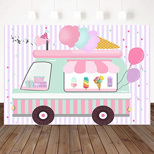 Mocsicka Ice Cream Birthday Party Backdrop Ice Cream Truck Birthday Party Background Ice Cream Shop Girls Birthday Party Cake Table Decoration Photo Booth Props -7x5ft-