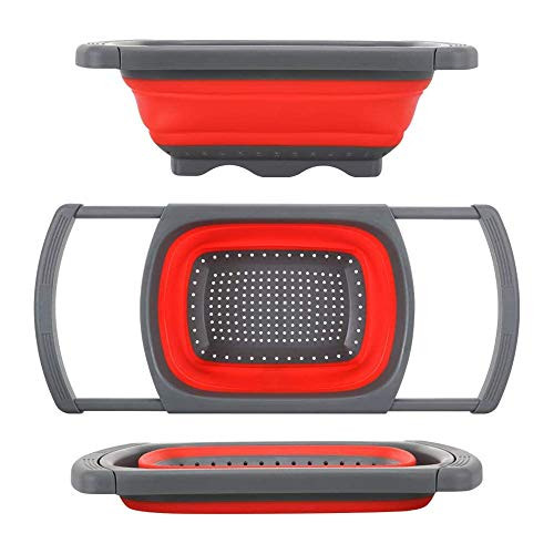 Colander Collapsible, OBERLY Colander Strainer Over the Sink Food Colanders Strainers with Extendable Handles, 6-Quart, Dishwasher-Safe Kitchen, Folding Strainer for Draining Fruit  and  Pasta Red