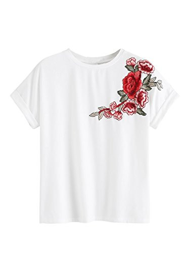 Romwe Women's Floral Embroidery Cuffed Short Sleeve Casual Tees T-Shirt Tops White S