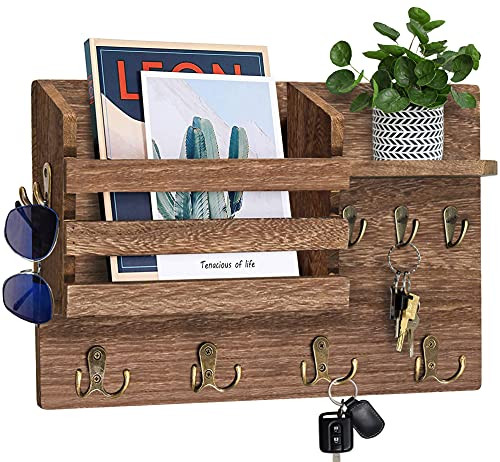 Wooden Mail and Key Holder for Wall Decorative, Rustic Wall Mounted Mail Organizer with 8 Key Hooks and 1 Mail Sorter, Rustic Wood Mail Sorter Key Holder, Home Decor and Storage for Entryway, Hallway