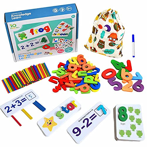 SOPHRAY Number Math Alphabet Flash Cards, Including Matching Letter Game, Wooden Number, Addition and Subtraction Preschool Educational Montessori See and Spell Learning Toy for Boy Girl 3 plus Years Old