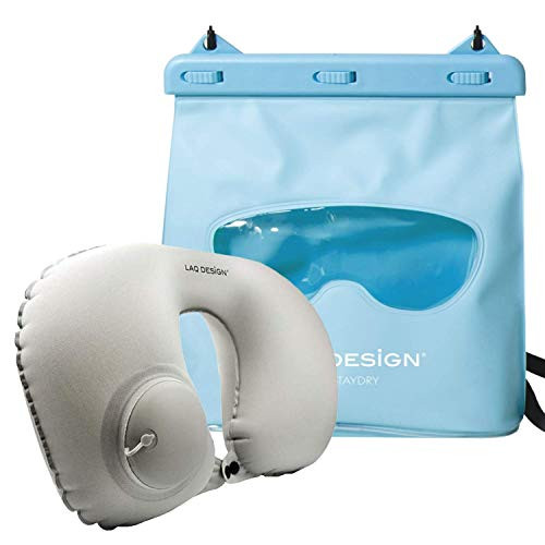 LAQ DESiGN Perspective Waterproof Storage Bag with Shoulder Strap -Blue-  and  Inflatable Travel Pillow -Gray-