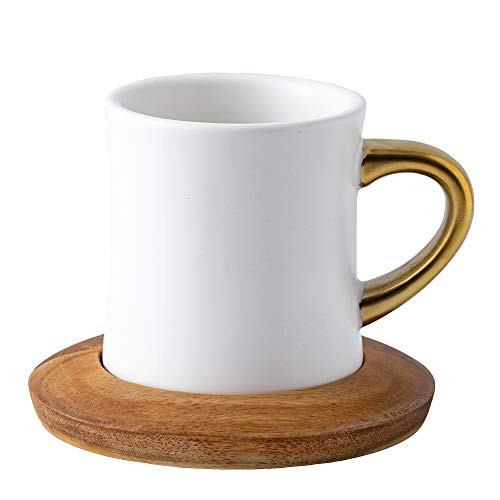 Coffeezone Gold Handle 12 oz Coffee/Tea Cup with Wood Saucer Luxury Thick Body Ceramic Mug for Americano -Matte White-